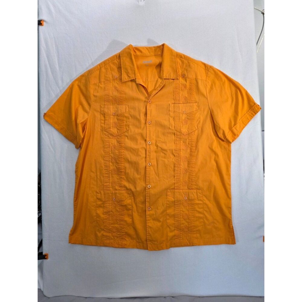 KS Island Guayabera Shirt Mens XL Big Orange Embroidered 4-Pocket Cuban Camp Top